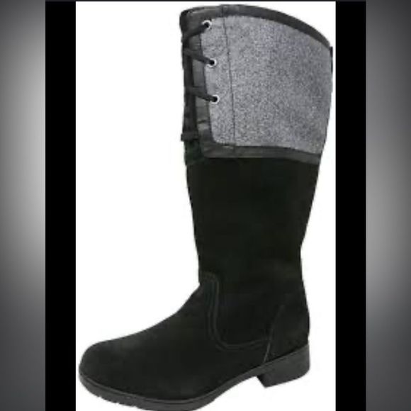 Clarks | Black Suede & Gray Wool Merrian Noble Lace Up Side Zio Riding Boot 7.5 - Picture 1 of 9